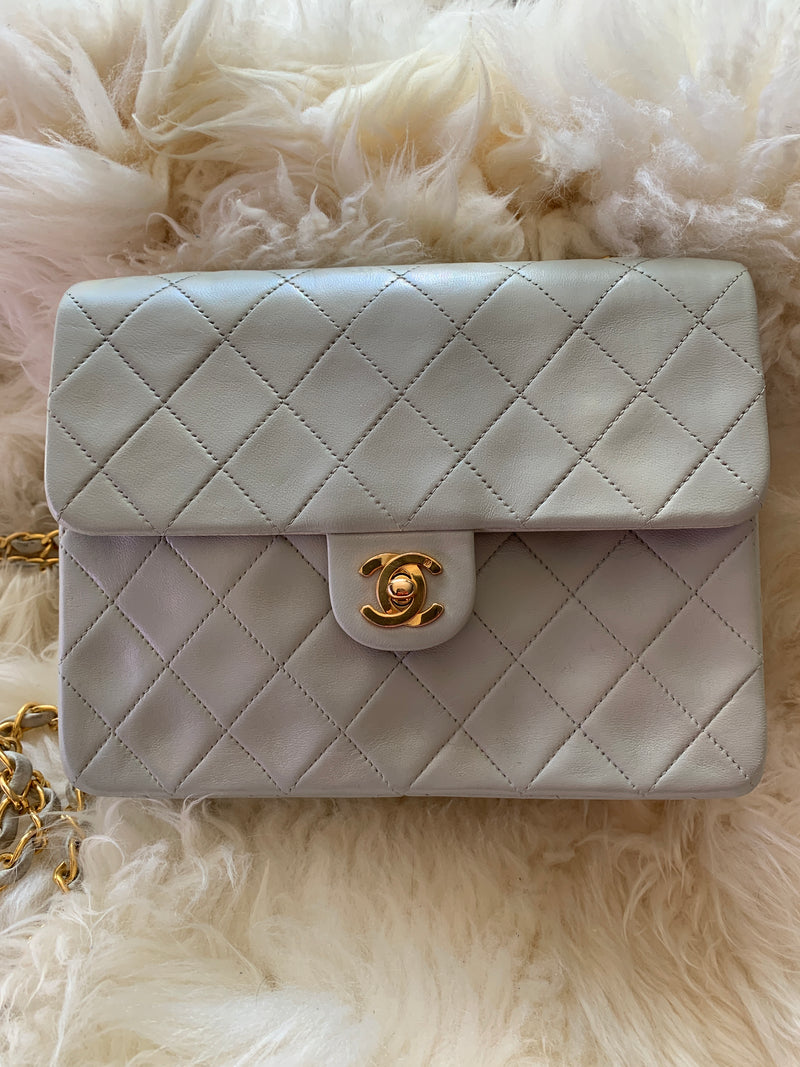 Sold-CHANEL Classic Lambskin Chain Mini Square Flap Bag Light Grey Gold Hardware