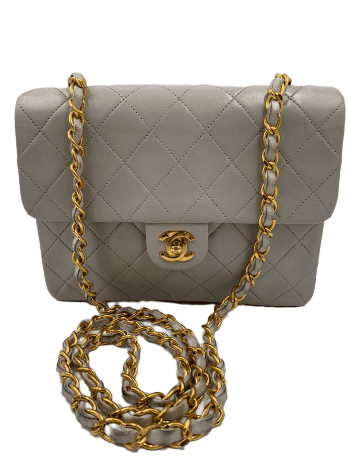 Sold-CHANEL Classic Lambskin Chain Mini Square Flap Bag Light Grey Gold Hardware