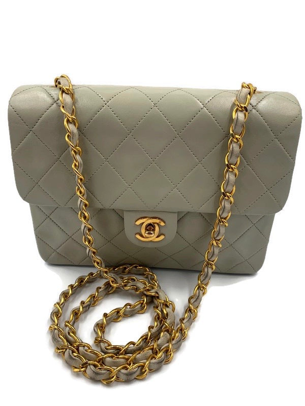 Sold-CHANEL Classic Lambskin Chain Mini Square Flap Bag Light Grey Gold Hardware