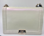 Sold-CHANEL Glazed Iridescent Calfskin Reverso Boy Bag large - pearl