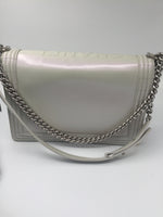 Sold-CHANEL Glazed Iridescent Calfskin Reverso Boy Bag large - pearl