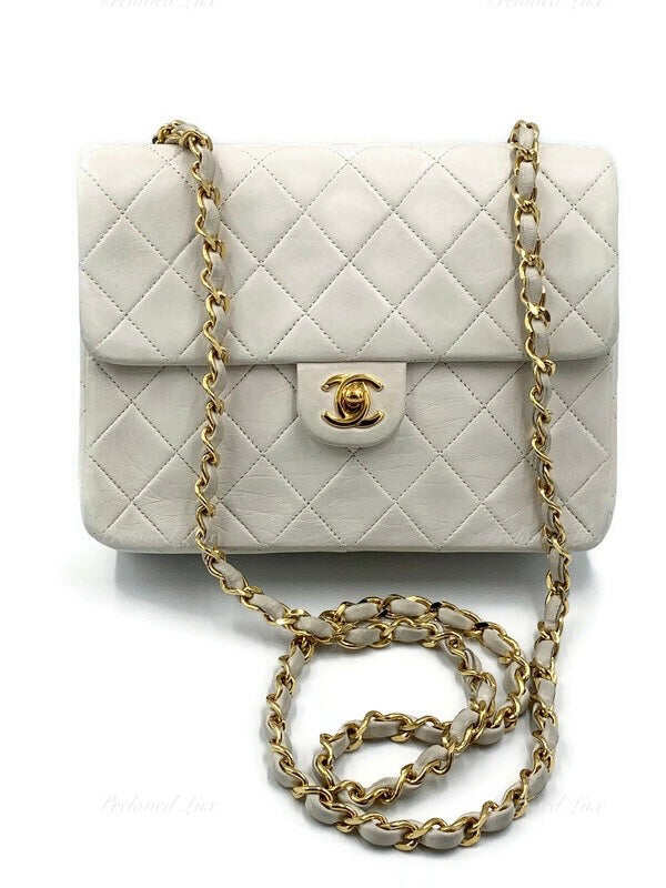 Sold-CHANEL Classic Lambskin Chain Mini Square Flap Bag White/ Gold hardware