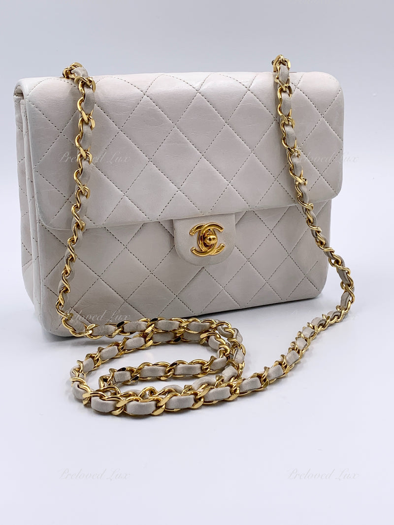 Sold-CHANEL Classic Lambskin Chain Mini Square Flap Bag White/ Gold hardware