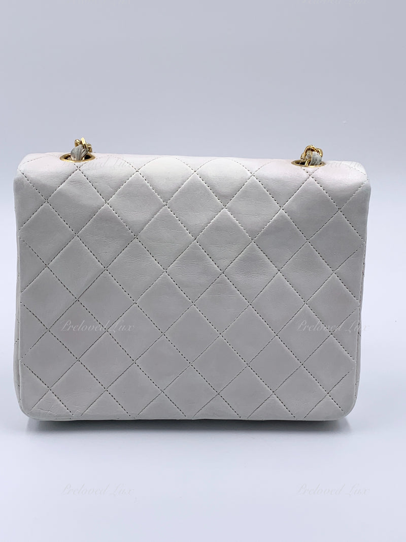 Sold-CHANEL Classic Lambskin Chain Mini Square Flap Bag White/ Gold hardware