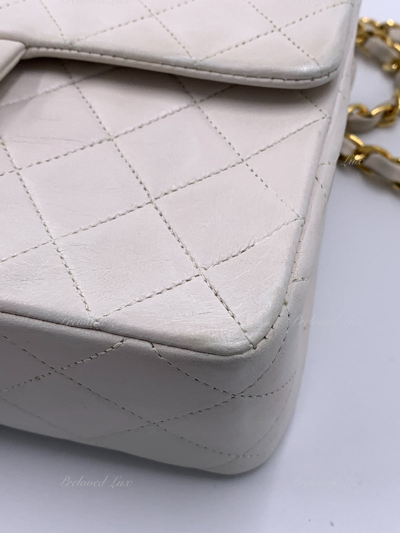 Sold-CHANEL Classic Lambskin Chain Mini Square Flap Bag White/ Gold hardware