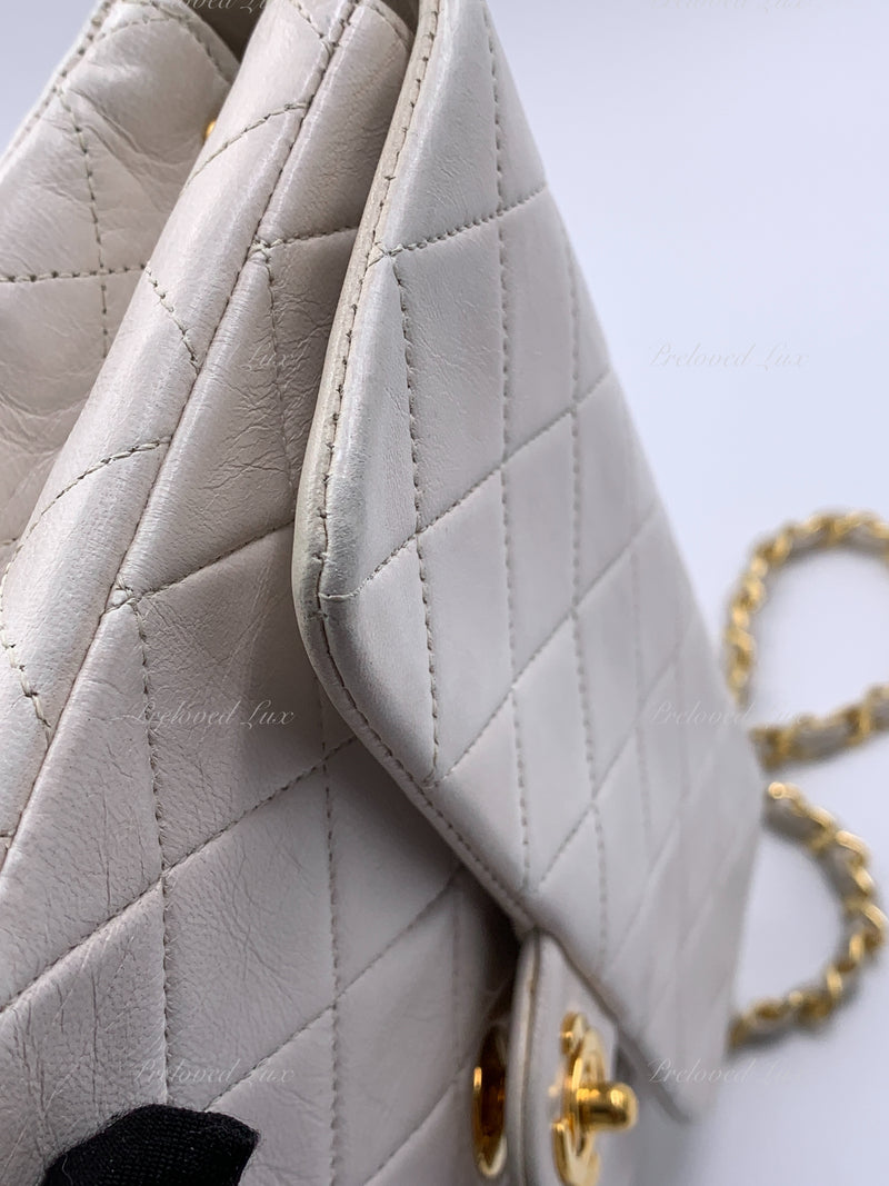 Sold-CHANEL Classic Lambskin Chain Mini Square Flap Bag White/ Gold hardware