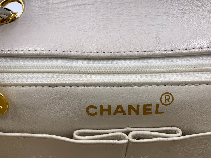 Sold-CHANEL Classic Lambskin Chain Mini Square Flap Bag White/ Gold hardware