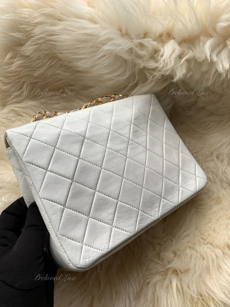 Sold-CHANEL Classic Lambskin Chain Mini Square Flap Bag White/ Gold hardware