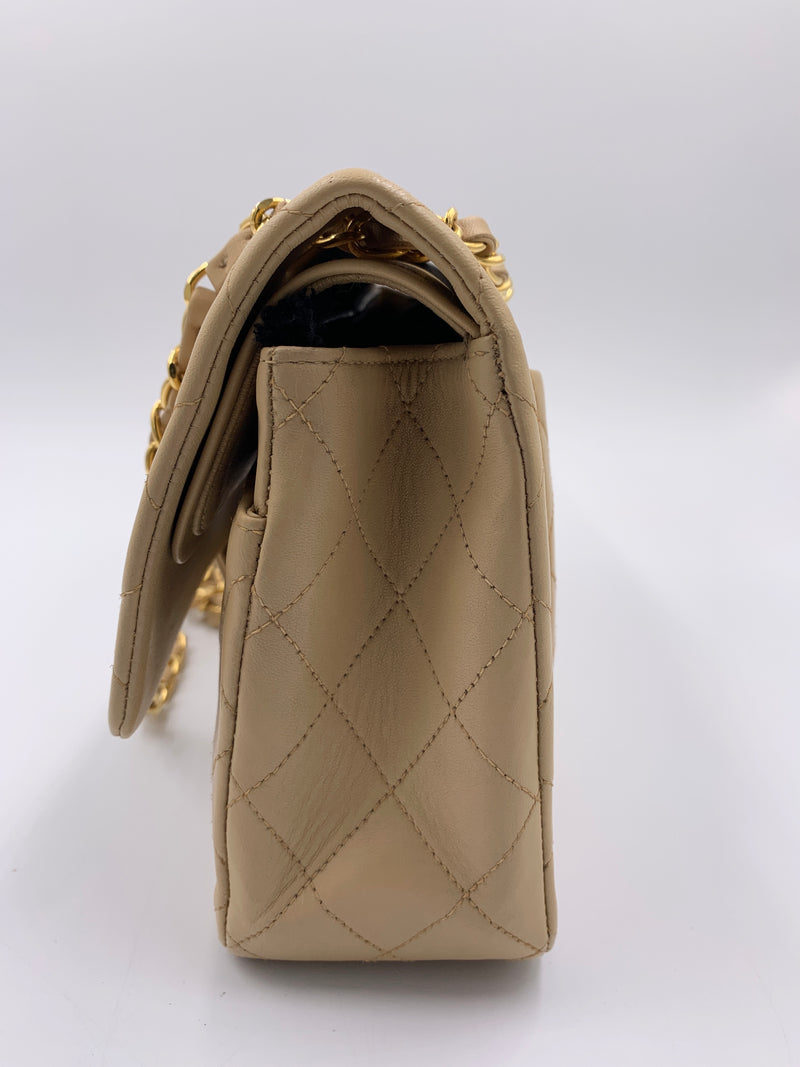 Sold-CHANEL Classic Lambskin Double Flap Medium Shoulder Bag - Beige Gold Hardware