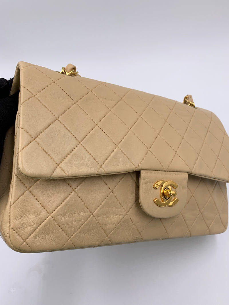 Sold-CHANEL Classic Lambskin Double Flap Medium Shoulder Bag - Beige Gold Hardware