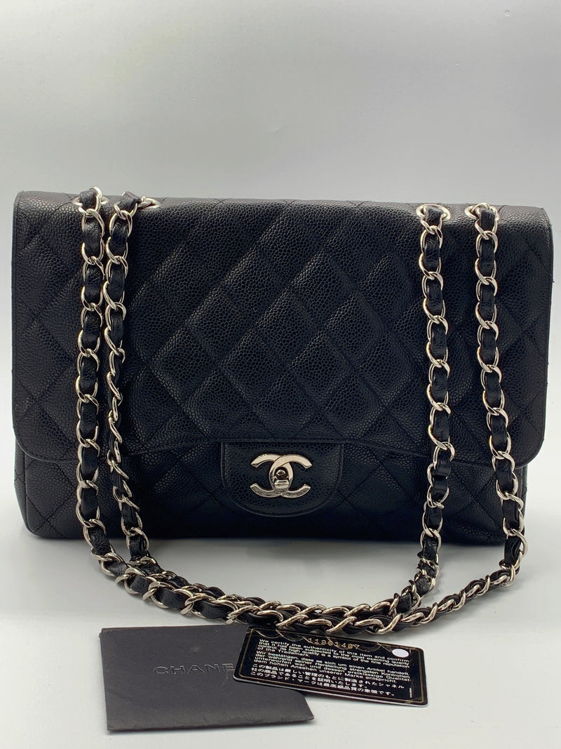 Sold-CHANEL Classic Caviar Jumbo Single Flap Bag Black/Silver hardware