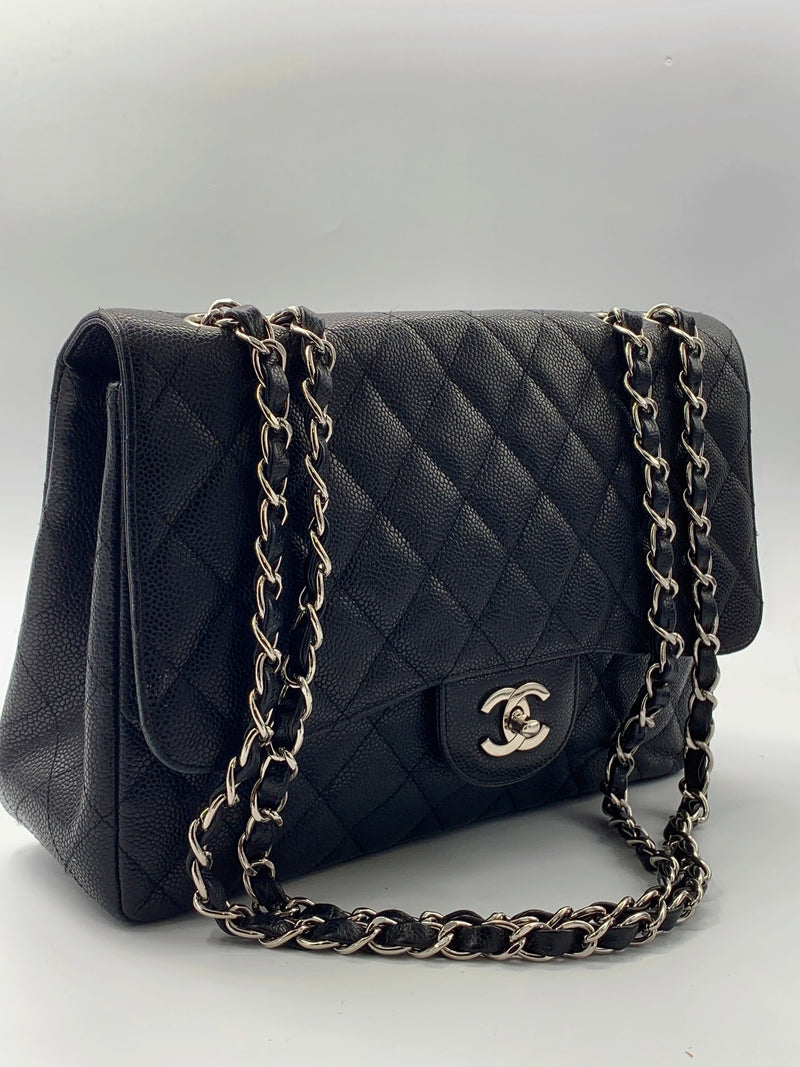 Sold-CHANEL Classic Caviar Jumbo Single Flap Bag Black/Silver hardware