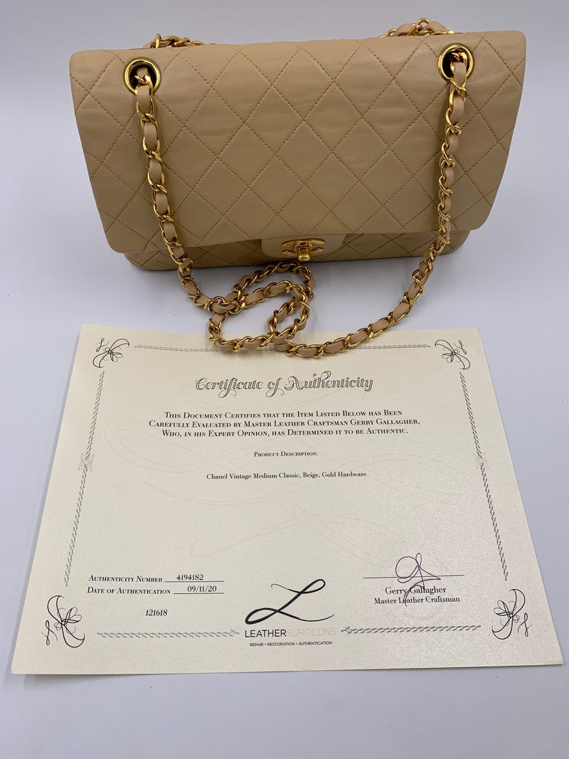 Sold-CHANEL Classic Lambskin Double Flap Medium Shoulder Bag - Beige Gold Hardware