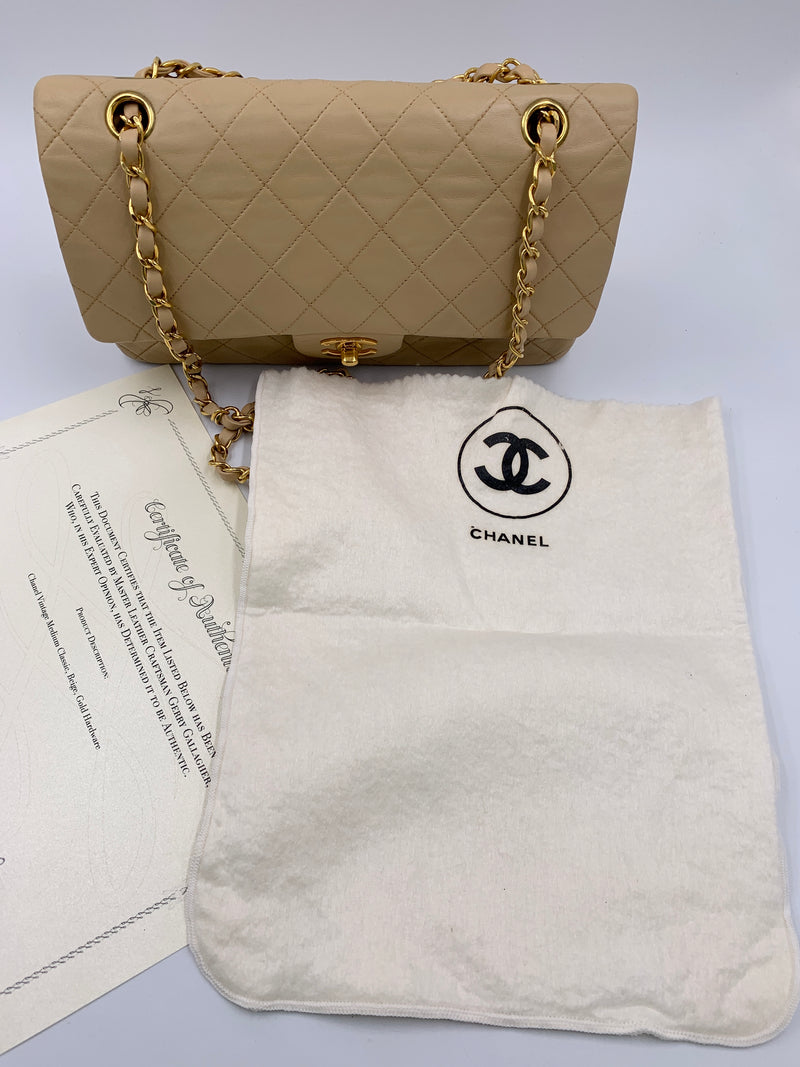 Sold-CHANEL Classic Lambskin Double Flap Medium Shoulder Bag - Beige Gold Hardware