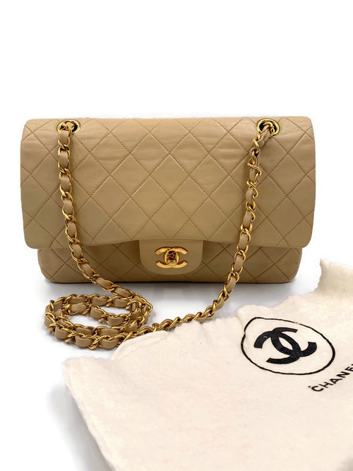 Sold-CHANEL Classic Lambskin Double Flap Medium Shoulder Bag - Beige Gold Hardware