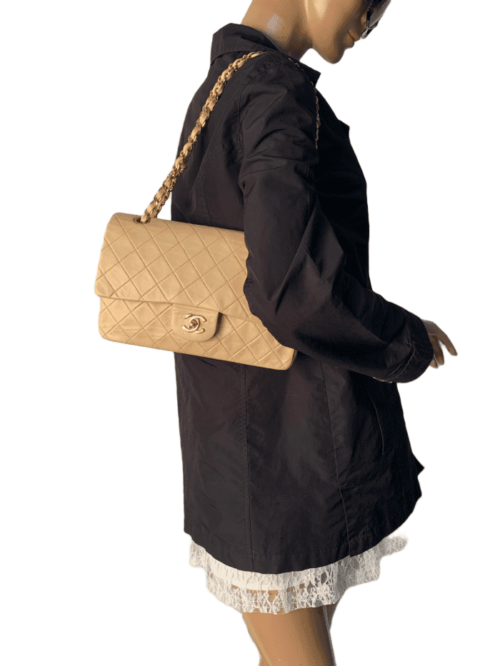 Sold-CHANEL Classic Lambskin Double Flap Medium Shoulder Bag - Beige Gold Hardware