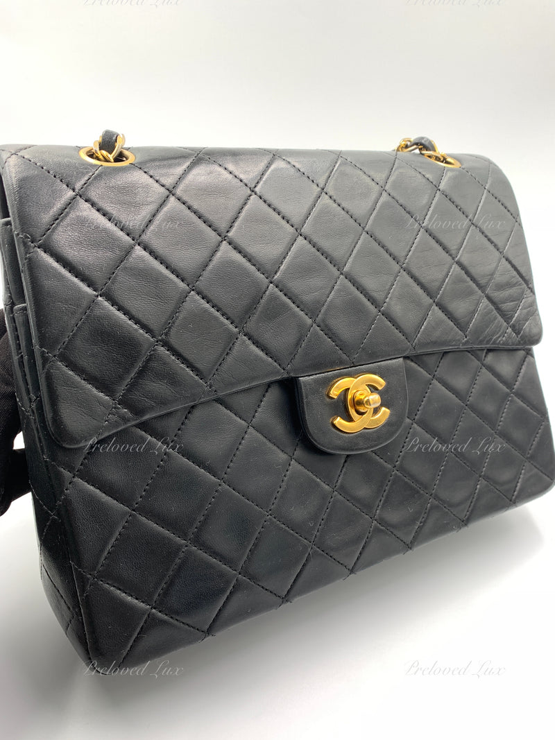 Sold-CHANEL Classic Lambskin Double Chain Double Flap Medium Square Bag Black / Gold Hardware