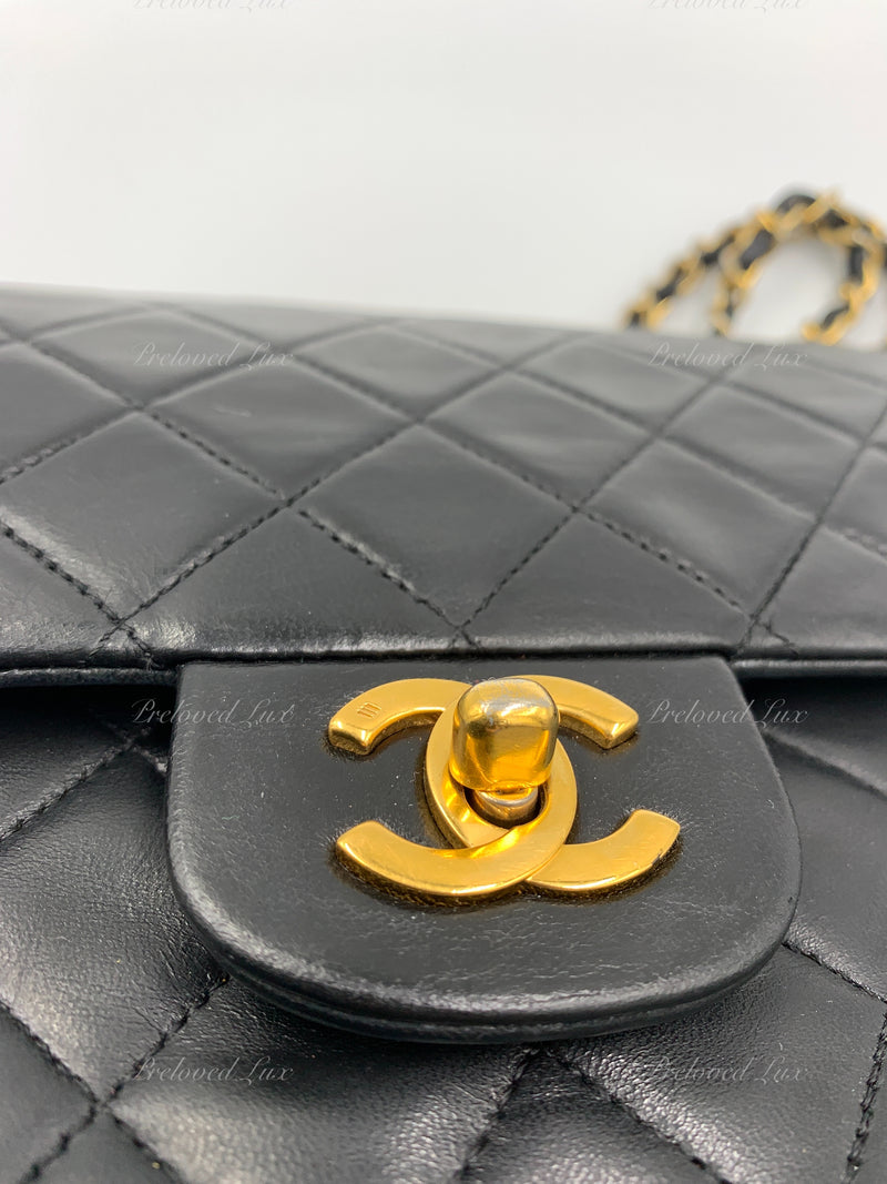 Sold-CHANEL Classic Lambskin Double Chain Double Flap Medium Square Bag Black / Gold Hardware