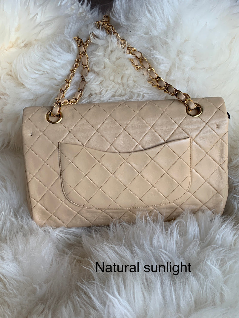 Sold-CHANEL Classic Lambskin Double Flap Medium Shoulder Bag - Beige Gold Hardware