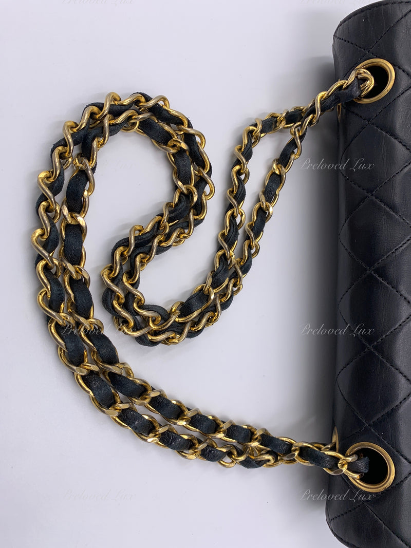 CHANEL Lambskin Double Chain Small Vintage Flap Black / Gold Hardware