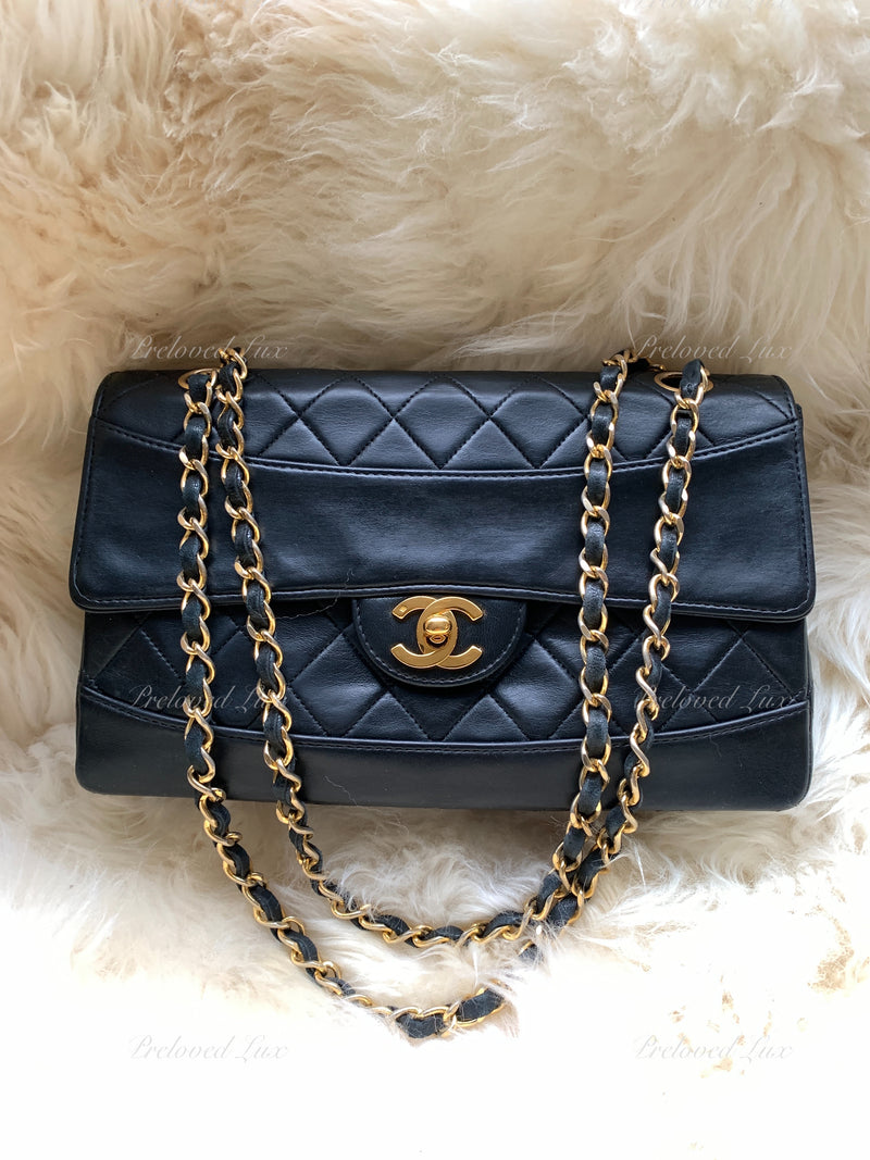 CHANEL Lambskin Double Chain Small Vintage Flap Black / Gold Hardware