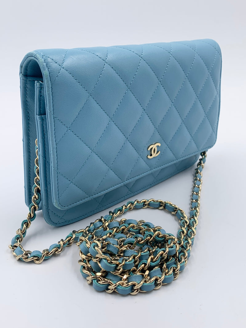 Sold-CHANEL CC Wallet-on-the-chain WOC Lambskin Crossbody Bag - Baby Blue