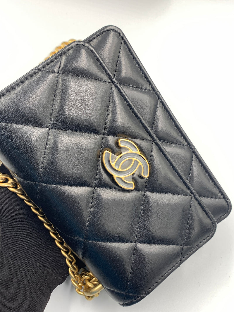 Sold-CHANEL Black Lambskin Mini Clutch Pending CC  Wallet-on-the-Chain Crossbody Bag Gold Hardware