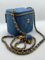 Sold-CHANEL Denim Pearl Crush Mini Square Vanity Case Chain Bag Gold Hardware