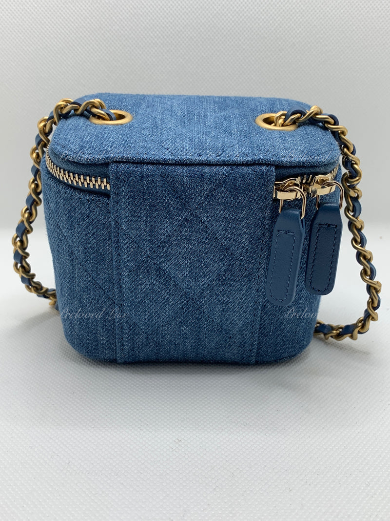 Sold-CHANEL Denim Pearl Crush Mini Square Vanity Case Chain Bag Gold Hardware