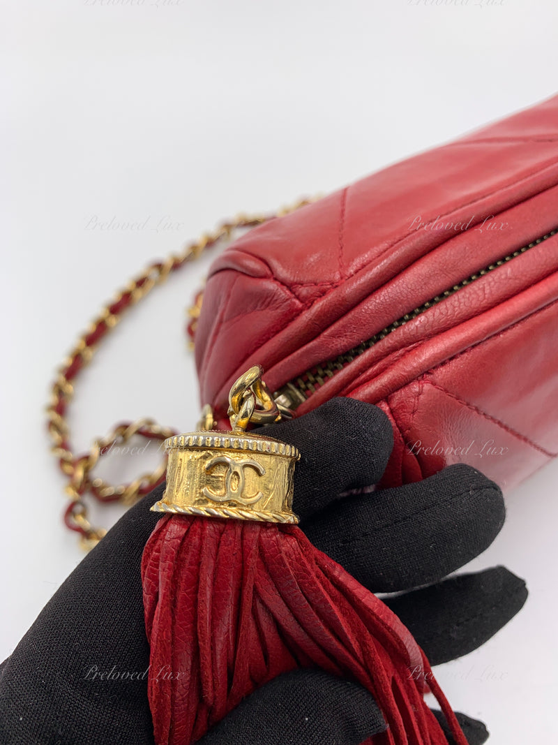 CHANEL Lambskin Red Mini Camera Bag with Tassel