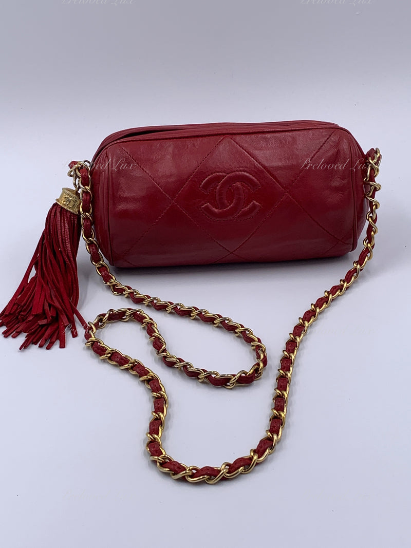 CHANEL Lambskin Red Mini Camera Bag with Tassel