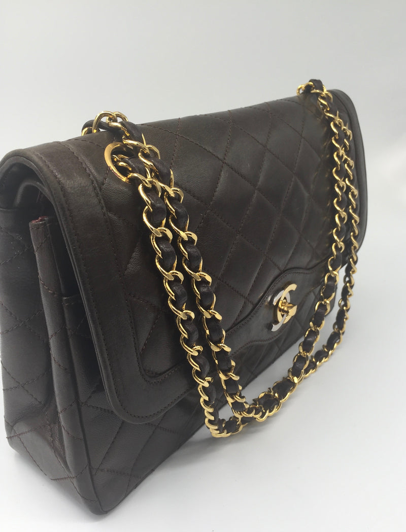 Sold-CHANEL Paris Lambskin Double Chain Double Flap Bag brown/gold