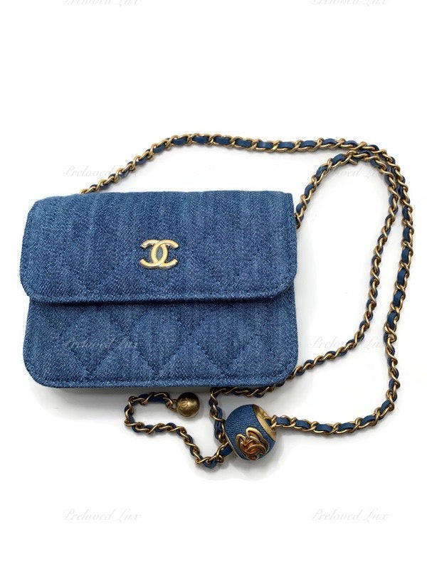 Sold-CHANEL Denim Pearl Crush Mini Waist Shoulder Bag Aged Gold Hardware