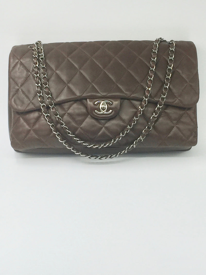 Chanel Classic maxi flap shoulder bag Jumbo silver hardware lambskin Dark brown vintage