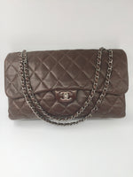 Chanel Classic maxi flap shoulder bag Jumbo silver hardware lambskin Dark brown vintage