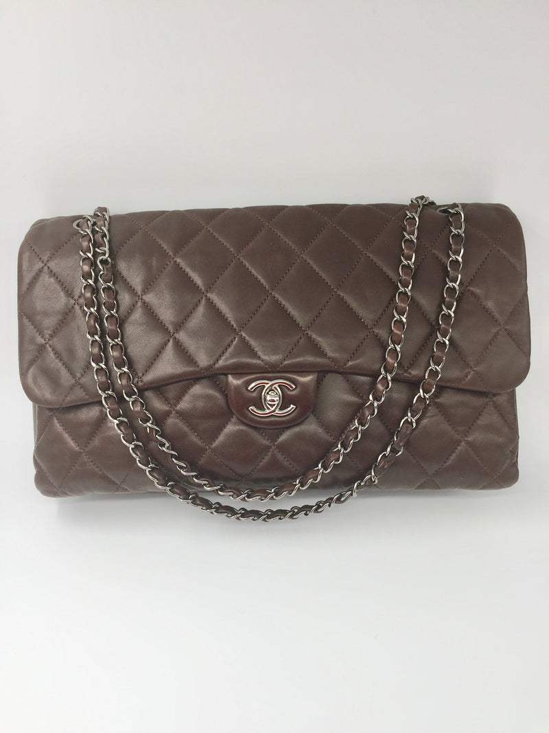 Chanel Classic maxi flap shoulder bag Jumbo silver hardware lambskin Dark brown vintage