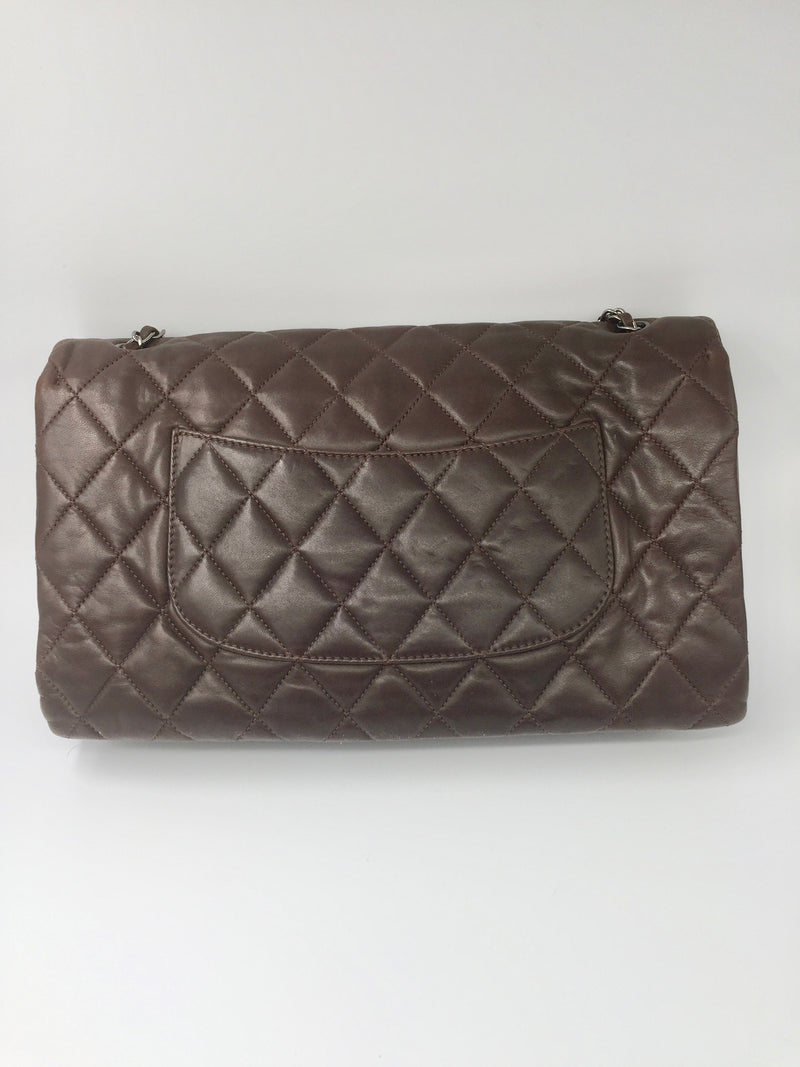 CHANEL Lambskin Double Chain Single Flap Maxi Size Bag Dark Brown/Silver