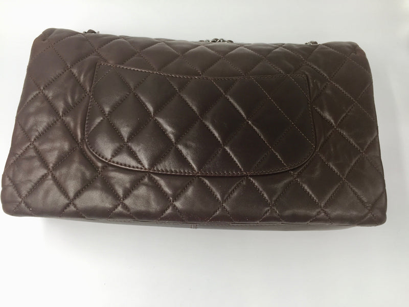 CHANEL Lambskin Double Chain Single Flap Maxi Size Bag Dark Brown/Silver