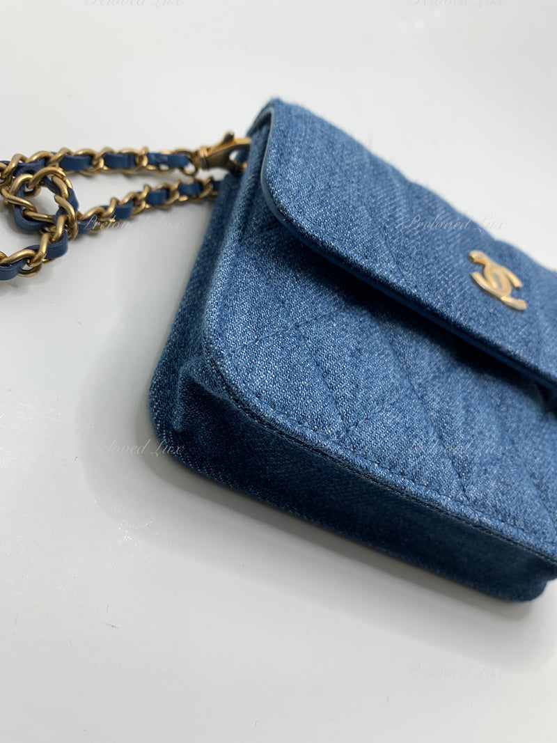 Sold-CHANEL Denim Pearl Crush Mini Waist Shoulder Bag Aged Gold Hardware