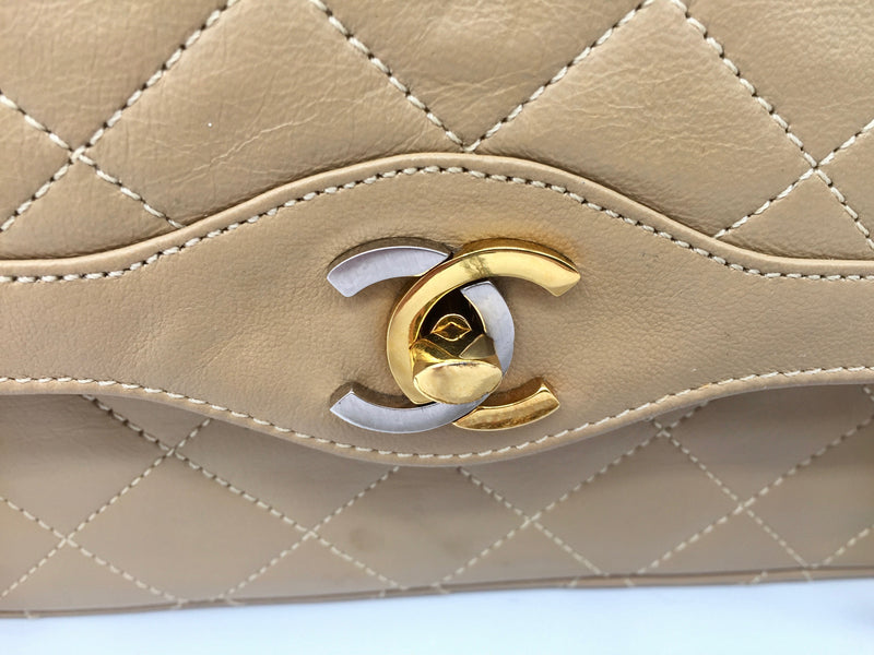 Sold-CHANEL Paris Lambskin Double Chain Double Flap Bag Beige/gold