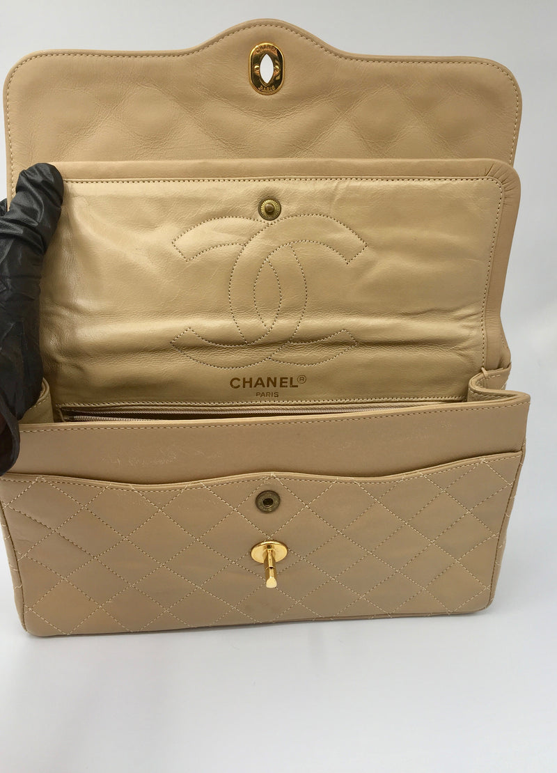 Sold-CHANEL Paris Lambskin Double Chain Double Flap Bag Beige/gold