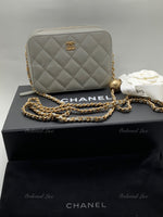 CHANEL Grey Lambskin Pearl Crush Mini Vanity Camera Bag in Aged Gold Hardware