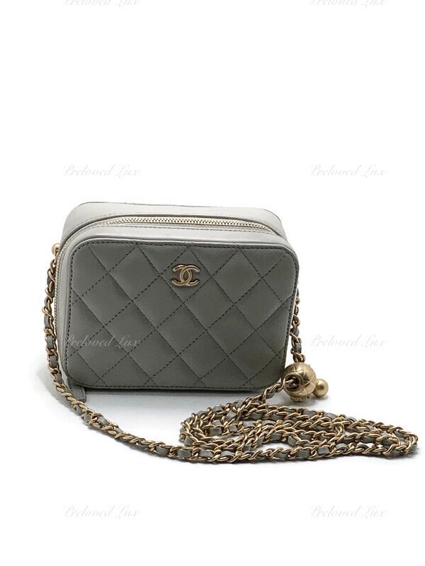 CHANEL Grey Lambskin Pearl Crush Mini Vanity Camera Bag in Aged Gold Hardware