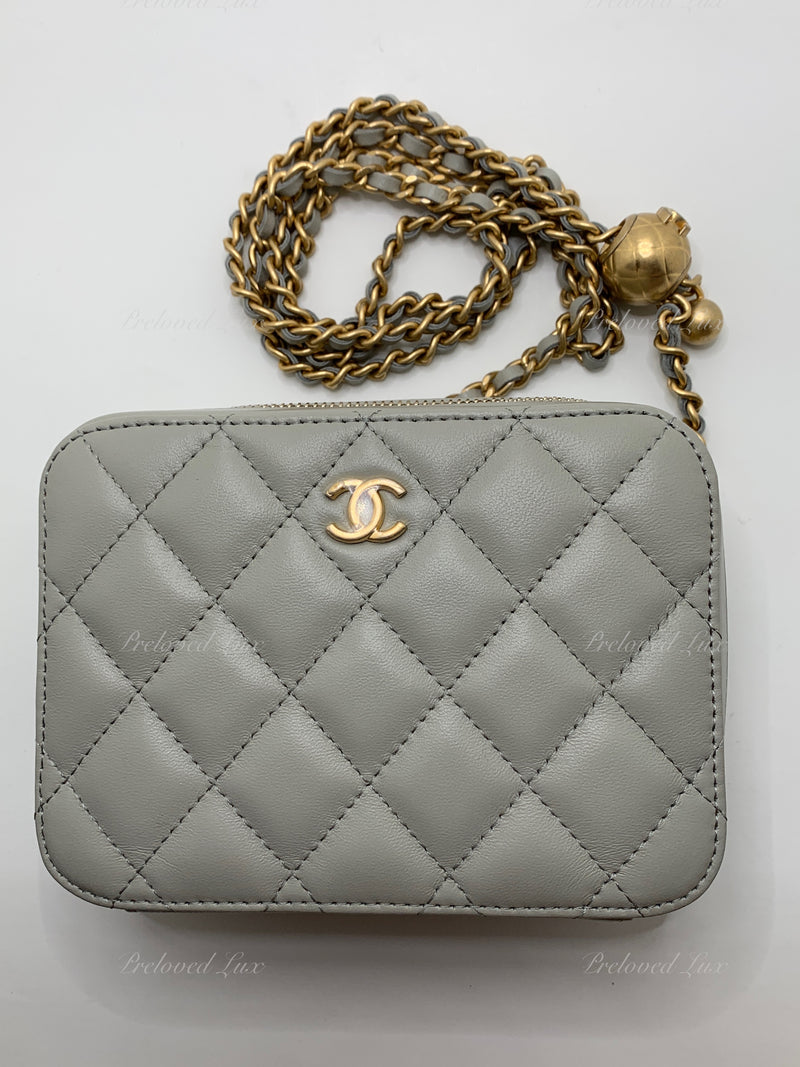 CHANEL Grey Lambskin Pearl Crush Mini Vanity Camera Bag in Aged Gold Hardware