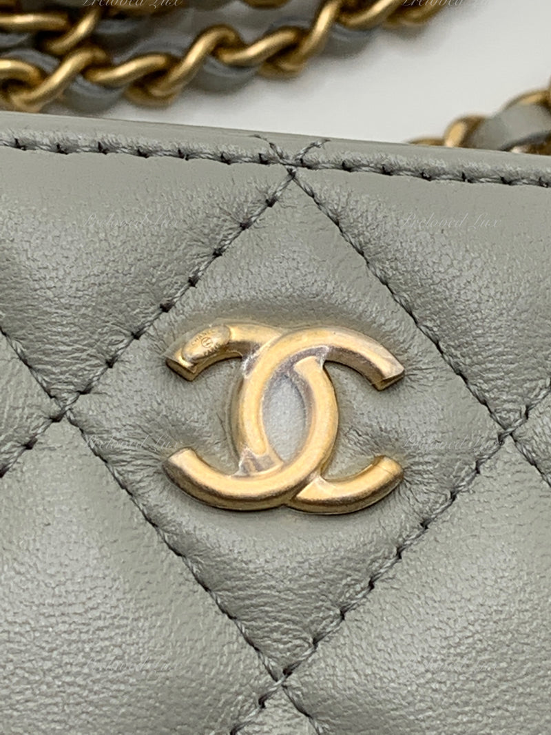 CHANEL Grey Lambskin Pearl Crush Mini Vanity Camera Bag in Aged Gold Hardware