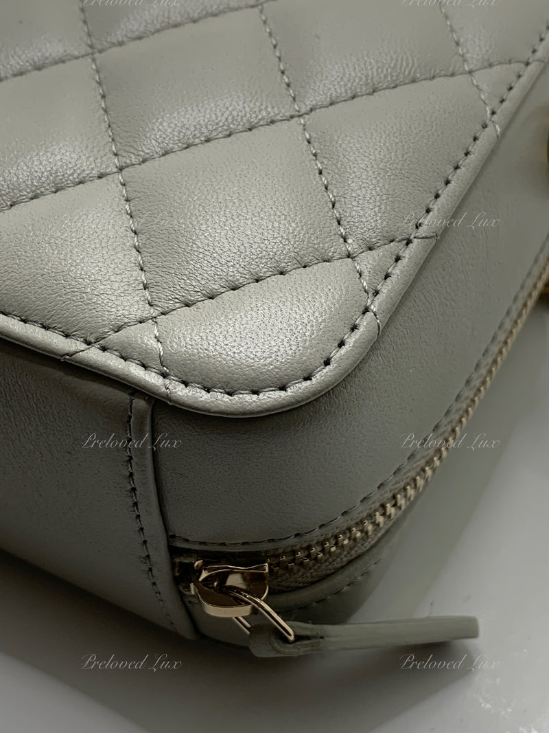 CHANEL Grey Lambskin Pearl Crush Mini Vanity Camera Bag in Aged Gold Hardware