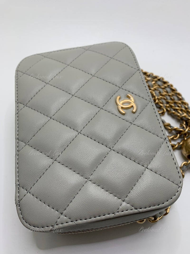 CHANEL Grey Lambskin Pearl Crush Mini Vanity Camera Bag in Aged Gold Hardware