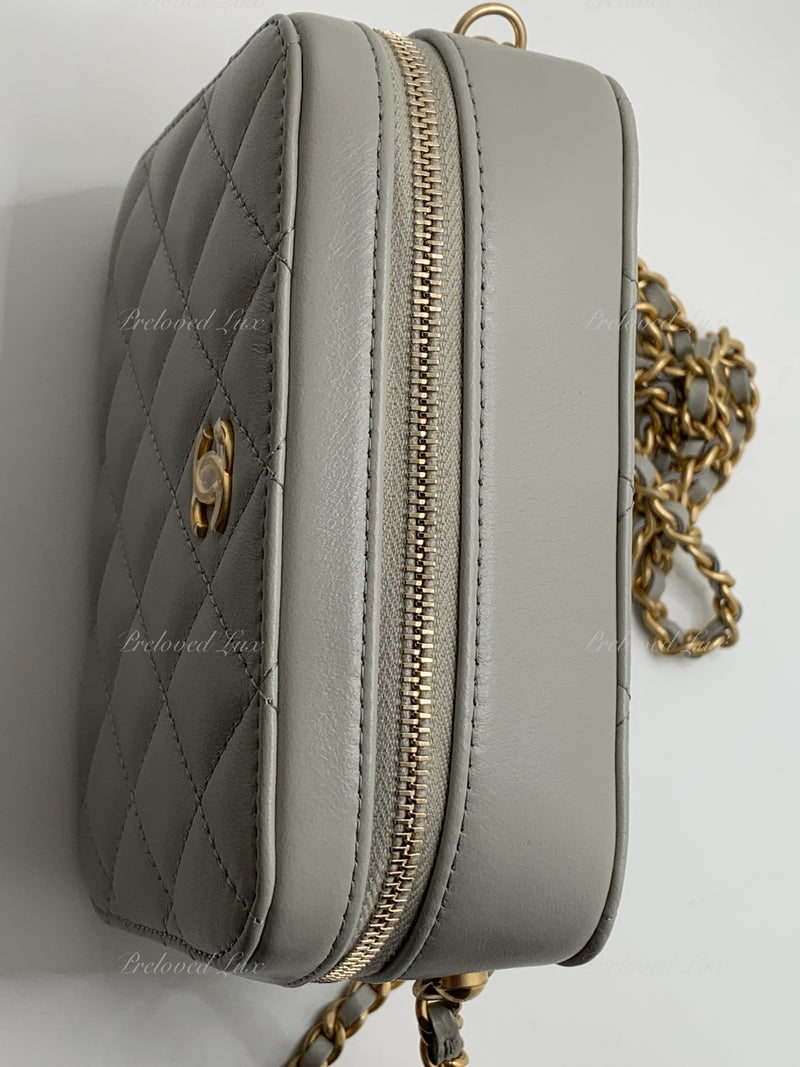 CHANEL Grey Lambskin Pearl Crush Mini Vanity Camera Bag in Aged Gold Hardware