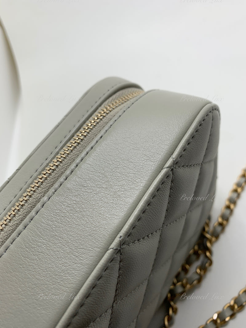 CHANEL Grey Lambskin Pearl Crush Mini Vanity Camera Bag in Aged Gold Hardware