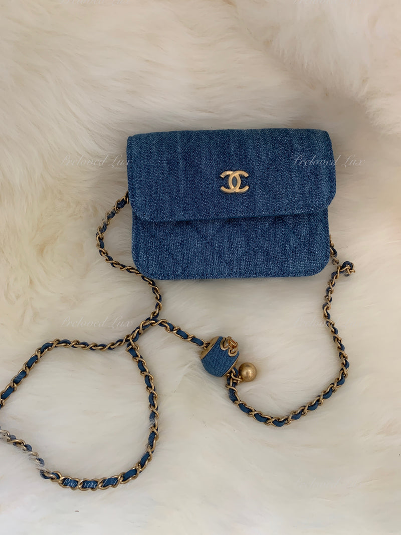 Sold-CHANEL Denim Pearl Crush Mini Waist Shoulder Bag Aged Gold Hardware